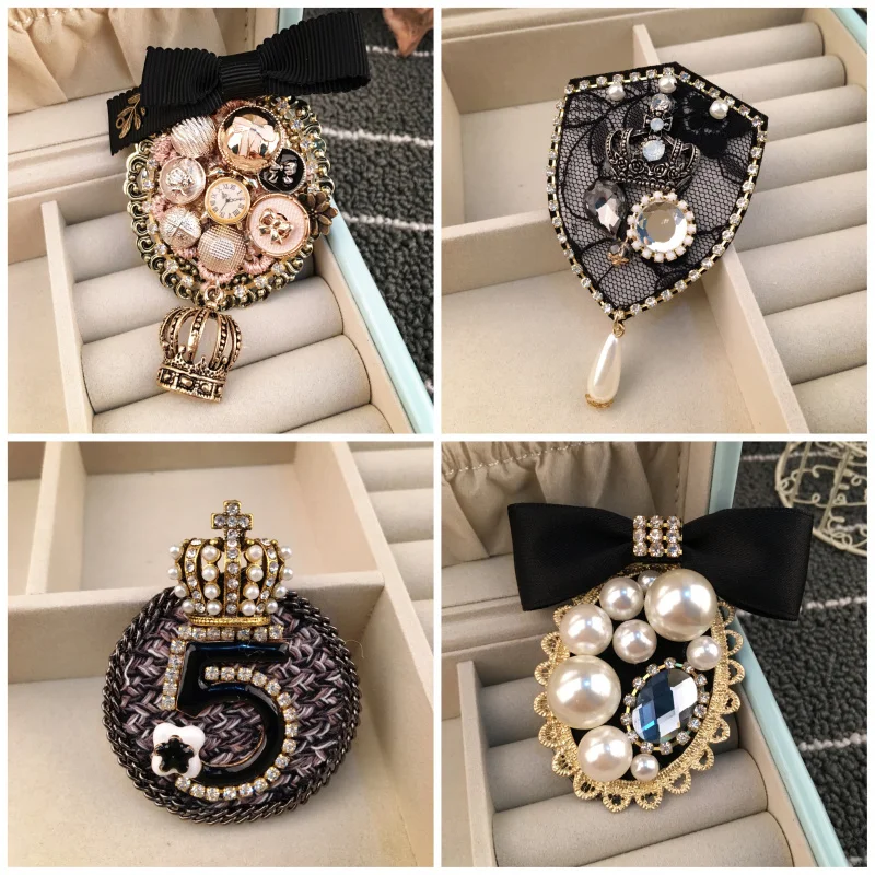 vintage famous design bow crown brooch small fragrant wind cloth art number 5 badge brooches for woman