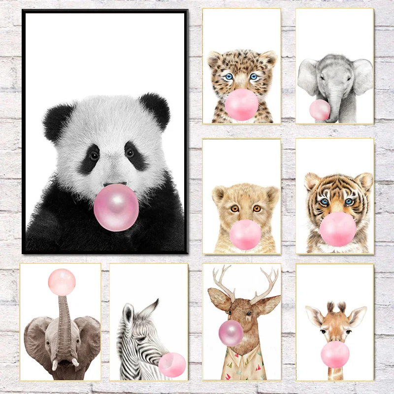 Cute Animals Blowing Bubbles Canvas Painting Wall Art Picture Posters and Prints for Living Kindergarten Bedroom Home Decoration