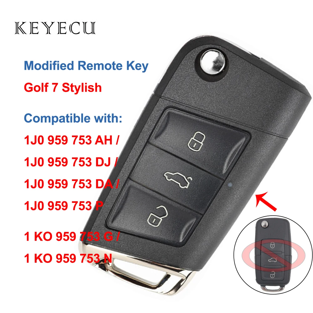 Keyecu 3 Buttons New Golf 7 Stylish Remote Key for Volkswagen for Skoda for Seat 1J0 959 753 AH/ DJ/ DA/ P, 1KO 959 753 G / N