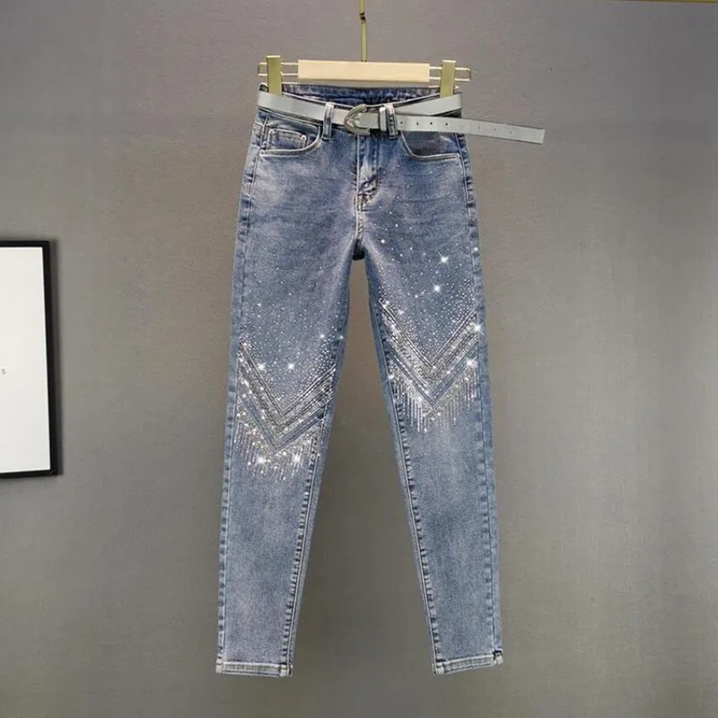 

2021 New Spring Autumn Women's Rhinestone Elastic Jeans High Waist Ladies Tight Fitted Hot Drilling Skinny Denim Pants q225