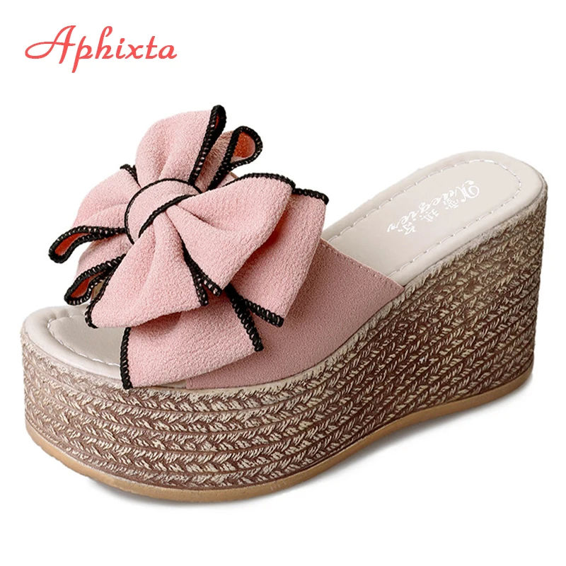 Aphixta 3.54 pollici Pistoni Delle Donne Della Piattaforma del Cuneo Delle Donne Slipper Appliques Presentazioni Aziende Produttrici Giochi Sandali