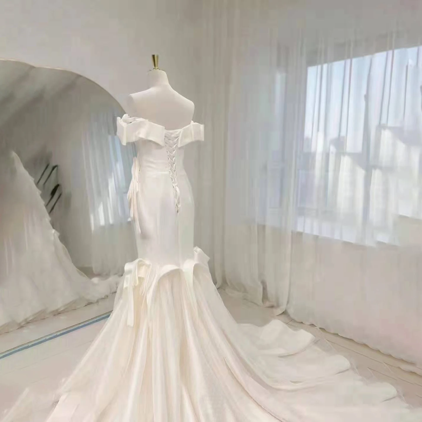 Myyble novo design 2022 fora do ombro sereia mancha rendas até vestidos de noiva trem varredura vestidos de casamento foto real