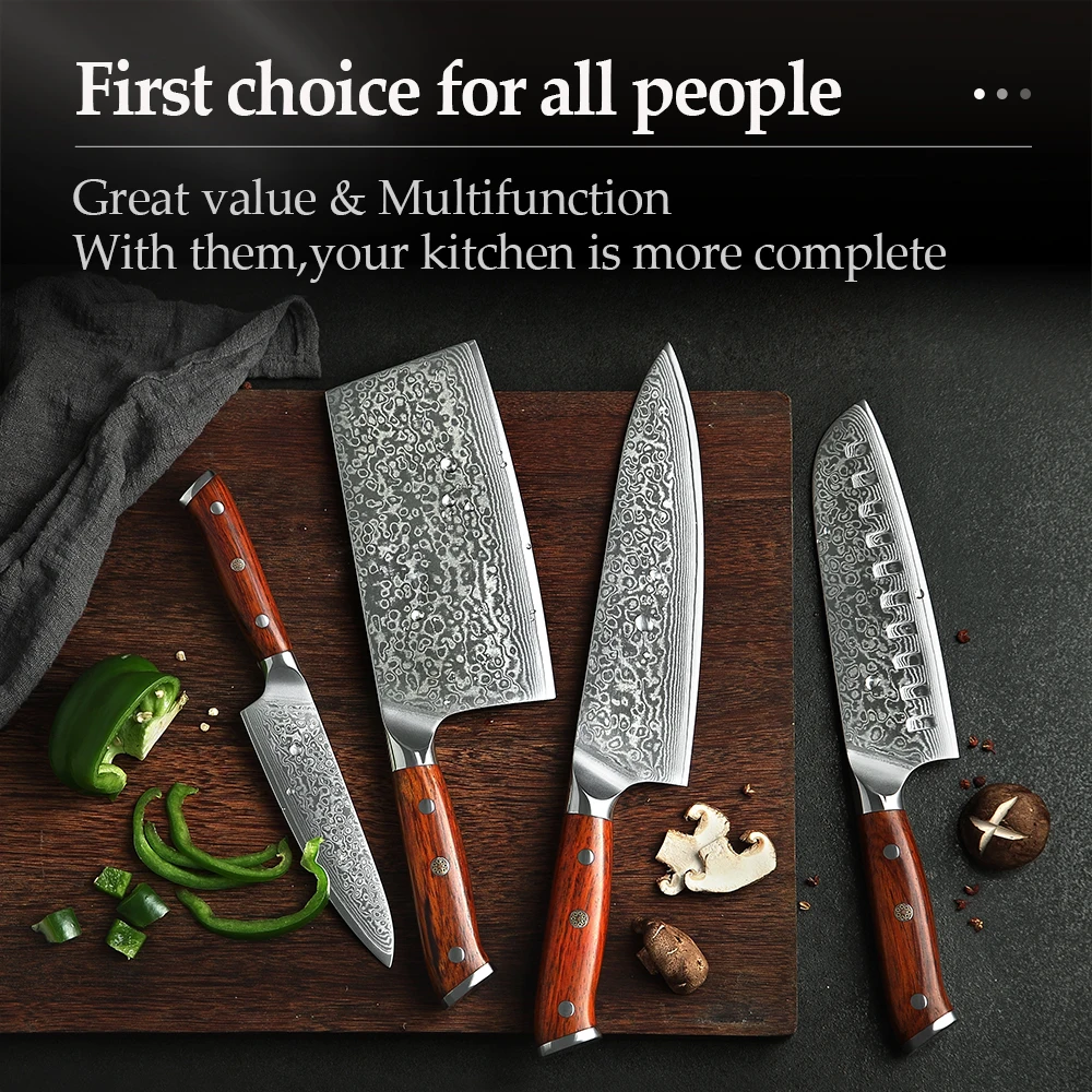 

XINZUO 4PCS Kitchen Knife Set Damascus Steel Kitchen Knives Set Stainless Steel Chef Utility Multitool Knife Rosewood Handle