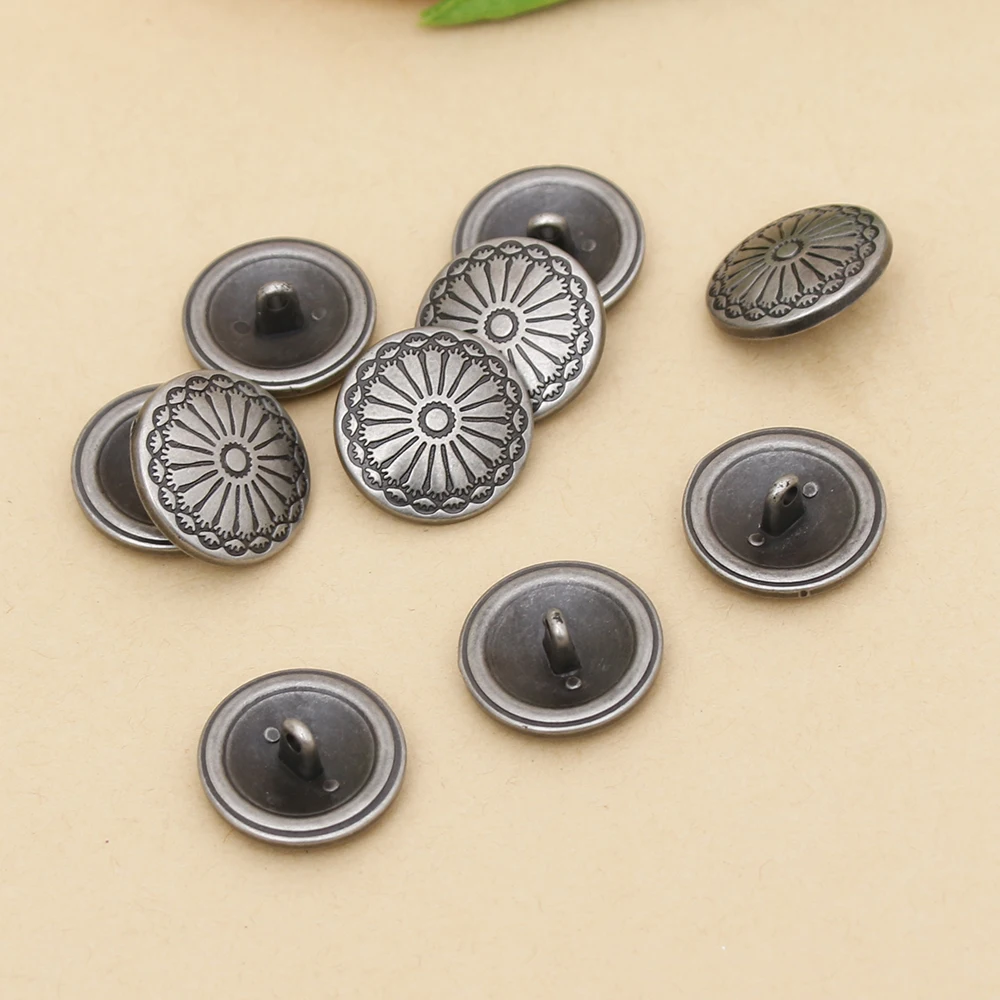 10Pcs/lot Antique Silver Vintage Flower Engraved Shank Button Metal Round Buttons For DIY Clothing Jean Craft Accessories 23mm