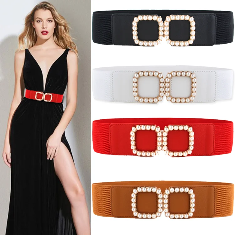 NEW Elastic Wide Belt Stretch pearl alloy gold square buckle Cummerband Lady party black Waistbands for dress Waist Seal Women