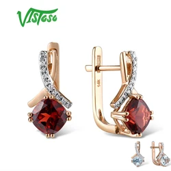VISTOSO Gold Earring For Women Genuine 14K 585 Rose Gold Radiant Garnet Sparkling Diamond Earring Engagement Wedding Jewelry