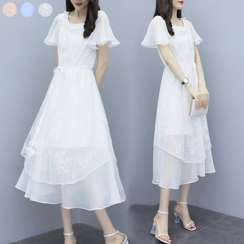 Dress female summer dress new temperament gentle long section super fire fairy chiffon mesh dress women dress  sexy dress