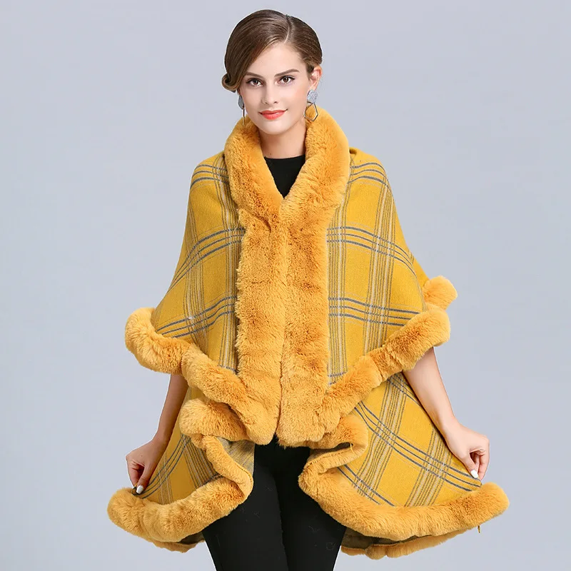 7 Colors Winter Warm Khaki Long 2 Layers Shawl Poncho Faux Cashmere Cape Plaid Women Imitation Fox Fur Loose Streetwear Coat