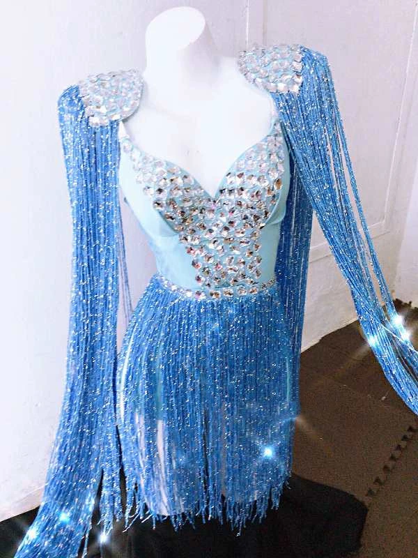 

Fashion DJ Female Singer Stage Wear Sexy V-neck Pink Blue Rhinestones Tassels Epaulet Bodysuit Nightclub Dancer Costume Outfits