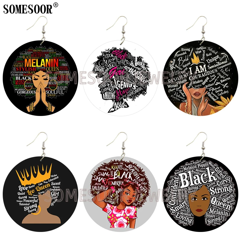 SOMESOOR Black Woman Praying Nubian Princess Queen Afro Hair Beautifu Wooden Both Sides Printing Drop Earrings For Women Gifts