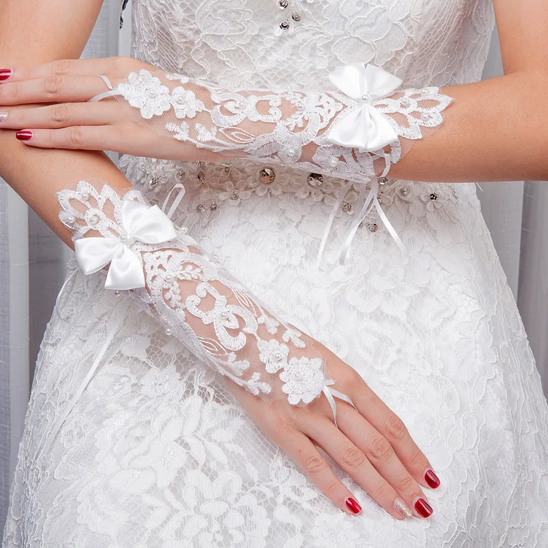 JaneVini-guantes de novia sin dedos para mujer, elegantes guantes cortos de encaje blanco con perlas, guantes largos de ópera, accesorios para fiesta de boda, 2019