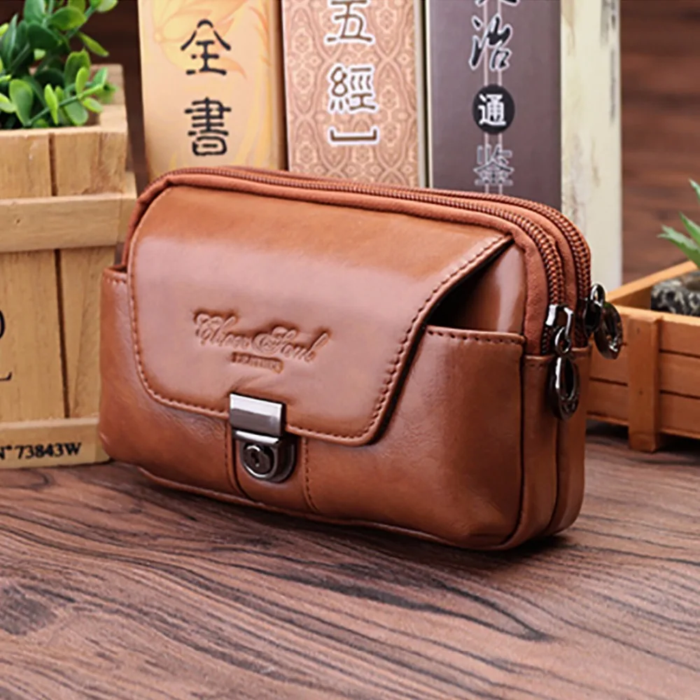 Genuine Leather Men Belt Bag Cell/Mobile Phone Case Cover Wallet Purse Male Natural Skin Hip Bum Fanny Waist Pack Bags