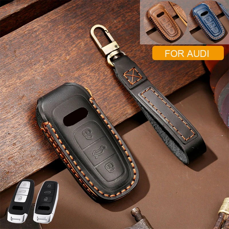 

For Audi a4 A5 A6L A7 Q5 A8 E-tron Q8 C8 R8 Styling Accessories Real Leather Car Remote Key Fob Case Cover Holder With Keychain