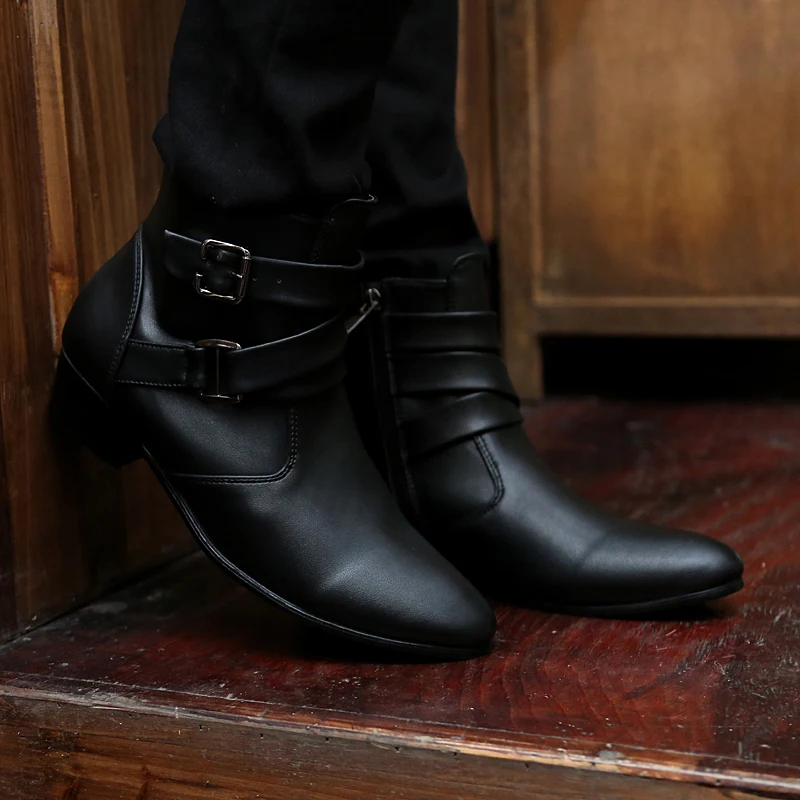 VUSUVON Fashion Men Spring Autumn Pointed Toe Height Increase Chelsea Ankle Boots Western High Top Casual Shoe PU Leather