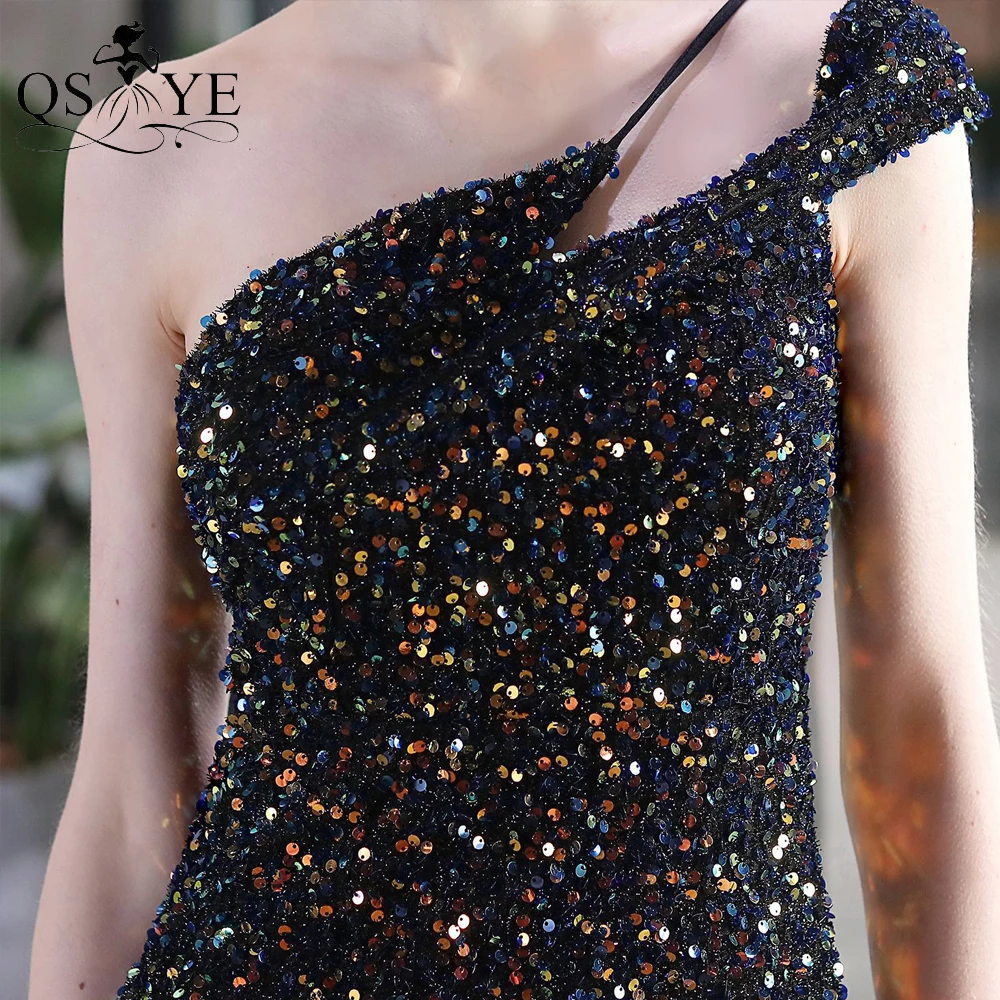 Een Schouder Zwarte Avondjurk Mermaid Sparkle Sequin Prom Gown Glitter Kant Lange Formele Party Vrouwen Split Prom Dress Fit