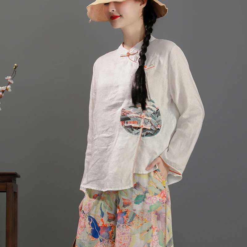 Spring Summer 100% Linen Ethnic Embroidery One Size Full Sleeves Tai Chi Martial Arts Shirt Clothes