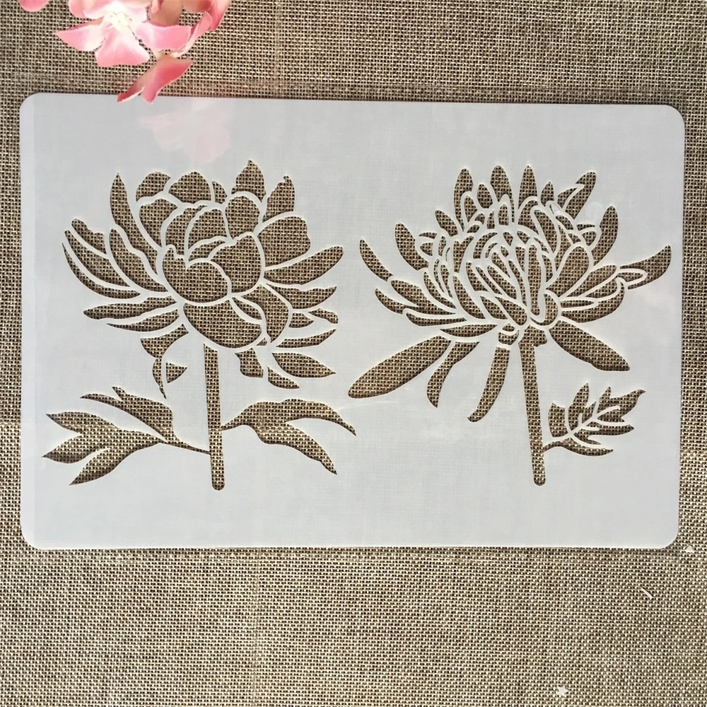 4Pcs 26 ซม.ดอกไม้Chrysanthemum Peony DIY Layering StencilsภาพวาดสมุดภาพสีEmbossingอัลบั้มตกแต่งแม่แบบ