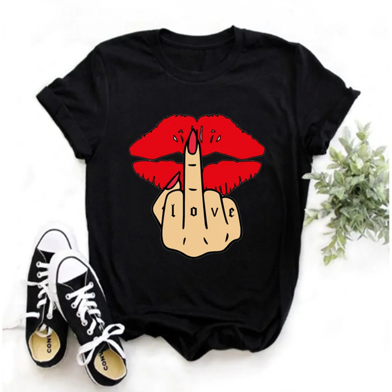 Love Red Finger Print T-shirt Women's 90s Print T-shirt Elegant T-shirt Sweet T-shirt