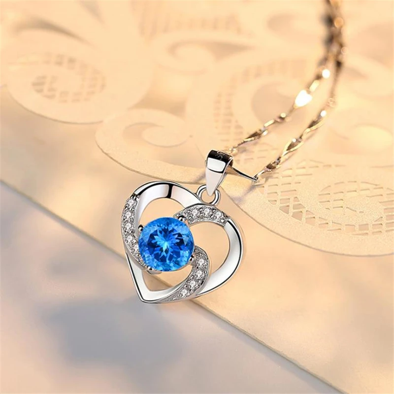 KOFSAC New Luxury Crystal CZ Heart Pendant Choker Necklace 925 Sterling Silver Chain Necklaces For Women Wedding Jewelry Gifts