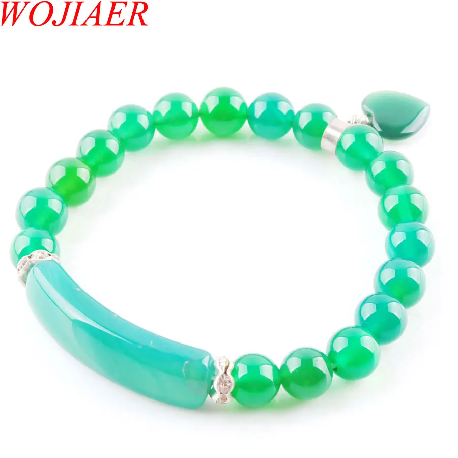 WOJIAER Natural Green Agate Stone Stretch Bracelets Heart Shape Healing Beads Bangles Rectangle Stones for Girl Jewelry K3320