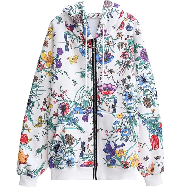 

ZuoLunOuBa Winter Plus Fleece Women Hoody Long Sleeve Beautiful Tulip Print Harajuku Fashion Lady Sweatshirt Zip-up Coat Female