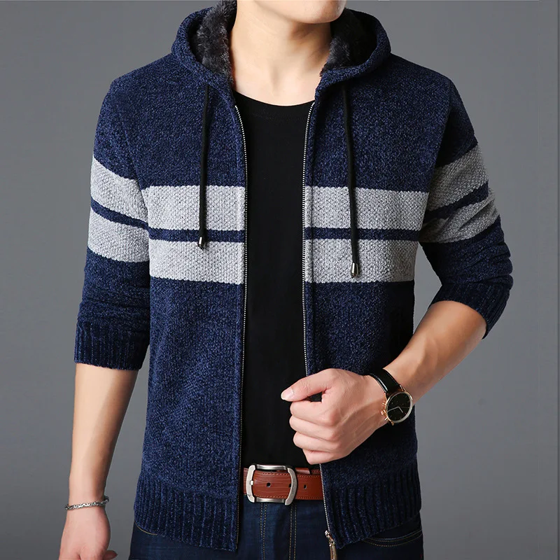 

New fashion casual sweaters men's Add velvet warm Striped Slim Fit Jumpers Knitwear Top Grade Winter Korean Casual Men Clothes