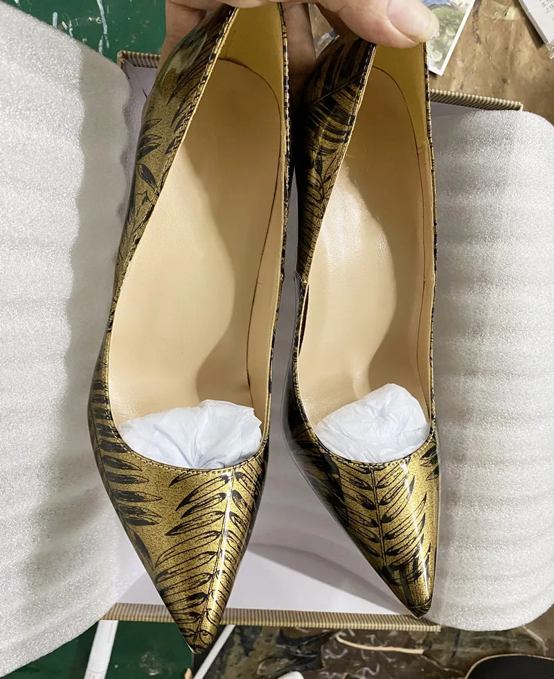 NoEnName_Null 12cm  sexy Women's standard printed Gold Patent pointed high large 44-45  women's chic high heels fashion shoes