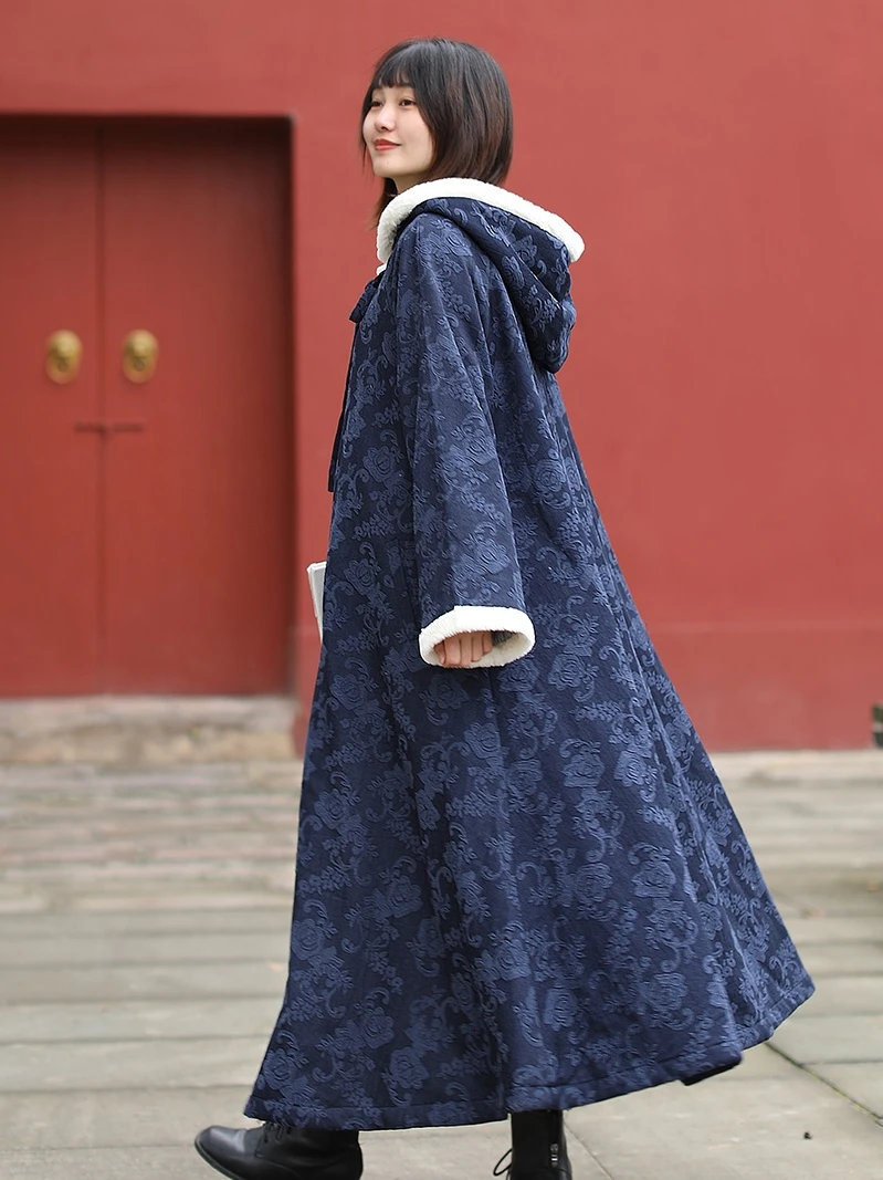 TIYIHAILEY Free Shipping Cotton Linen Fleece Inside Thick Warm Cloak Winter Outerwear Hooded Loose Long Maxi Blue Witch Cardigan