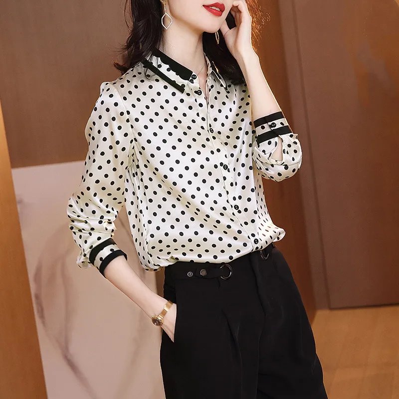 

New Style Silk Shirt Women's Long-sleeved Polka Dot Chiffon Blouse, Big Brand Mulberry Silk Fashion Western Style Small Tops