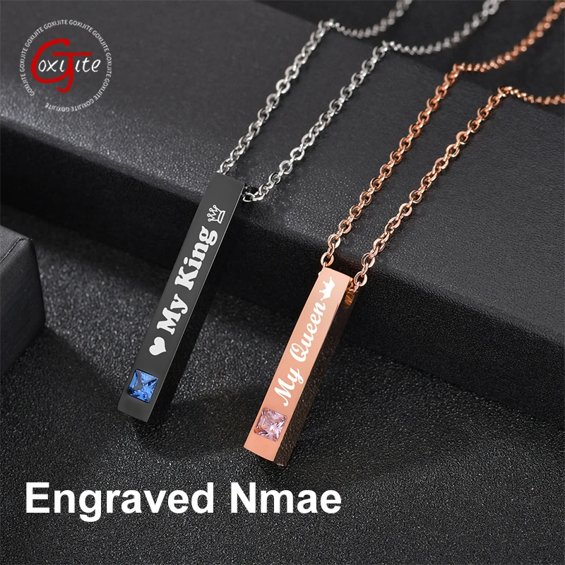 

Goxijite Four Sides Engraving Name And Date Square Bar Cubic Zircon Necklace Stainless Steel Custom Necklaces For Women Men Gift