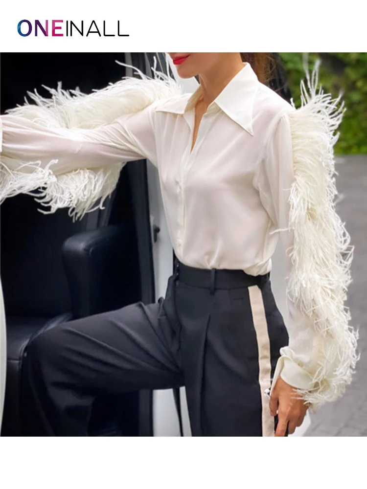 

ONEINALL Temperament Solid Patchwork Tassel Shirt For Women Lapel Long Sleeve Vintage Loose Women's Blouse 2021 Autumn Clothing