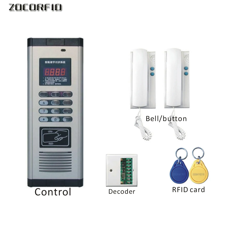 Free shipping DIY RFID access control system +doorphone Building intercom system +2 doorphone+ decoder+10pcs RFID cards