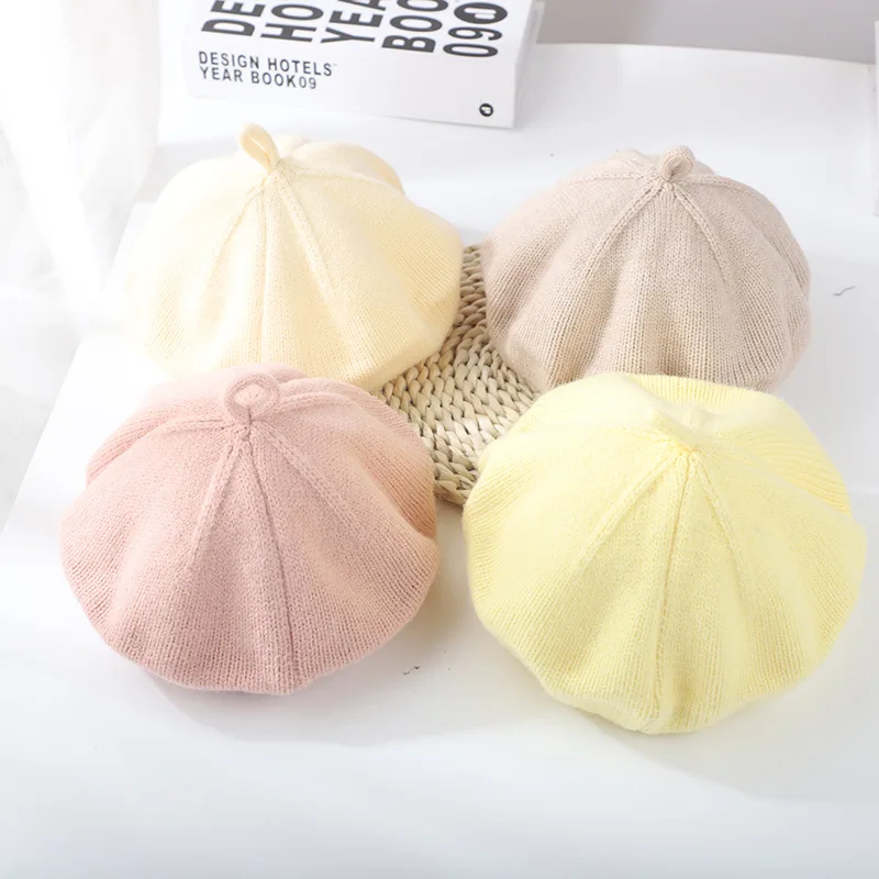 Korean Style Children'S Beret Candy Color Knitted Hat Soft Girls Woolen Hat Pumpkin Hat Autumn And Winter Matching