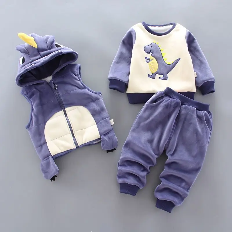 Baby Boys Clothing Sets Winter Plus Velvet Thick Warm 3Pcs Outift Cartoon Dinosaur Children Clothes Sport Tracksuit Set For Kids