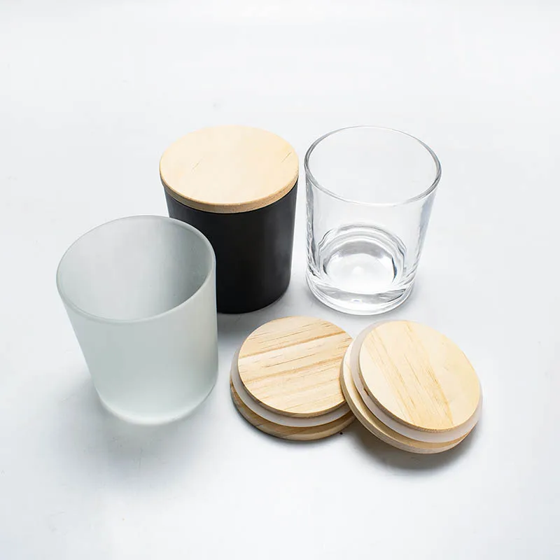 Aromatherapy Glass Candle Cup with Wood Lid Matte black Wax Container Candlestick for Home decor DIY Candles making empty Jars