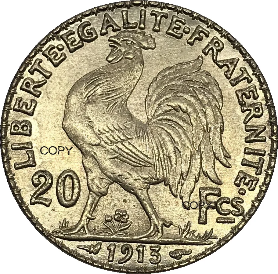 France Gold Coin 20 Francs 1913 Gold Marianne Rooster Brass Metal Copy Coins