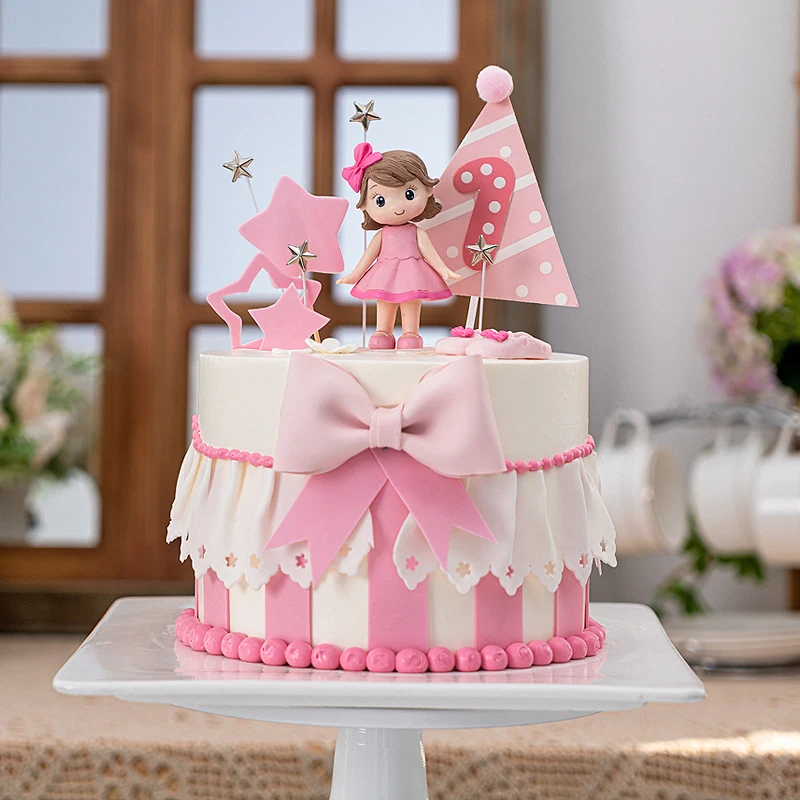 Girls Cake Topper Decoration Little Princess Decoration Baby Birthday Children's Day  Party Baking Star Doll Pink Bow Star Gifts