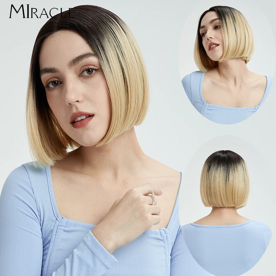 Miracle Bob Short Wig Synthetic Lace Wig Blonde #613 Ombre Short Bob Lace Wig For Women Lolita Cosplay Wigs Heat Resistant