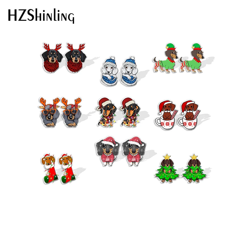 2021 New Christmas Dachshund Stud Earring Dog Art Acrylic Resin Earrings Epoxy Handmade Jewelry Gifts Girl