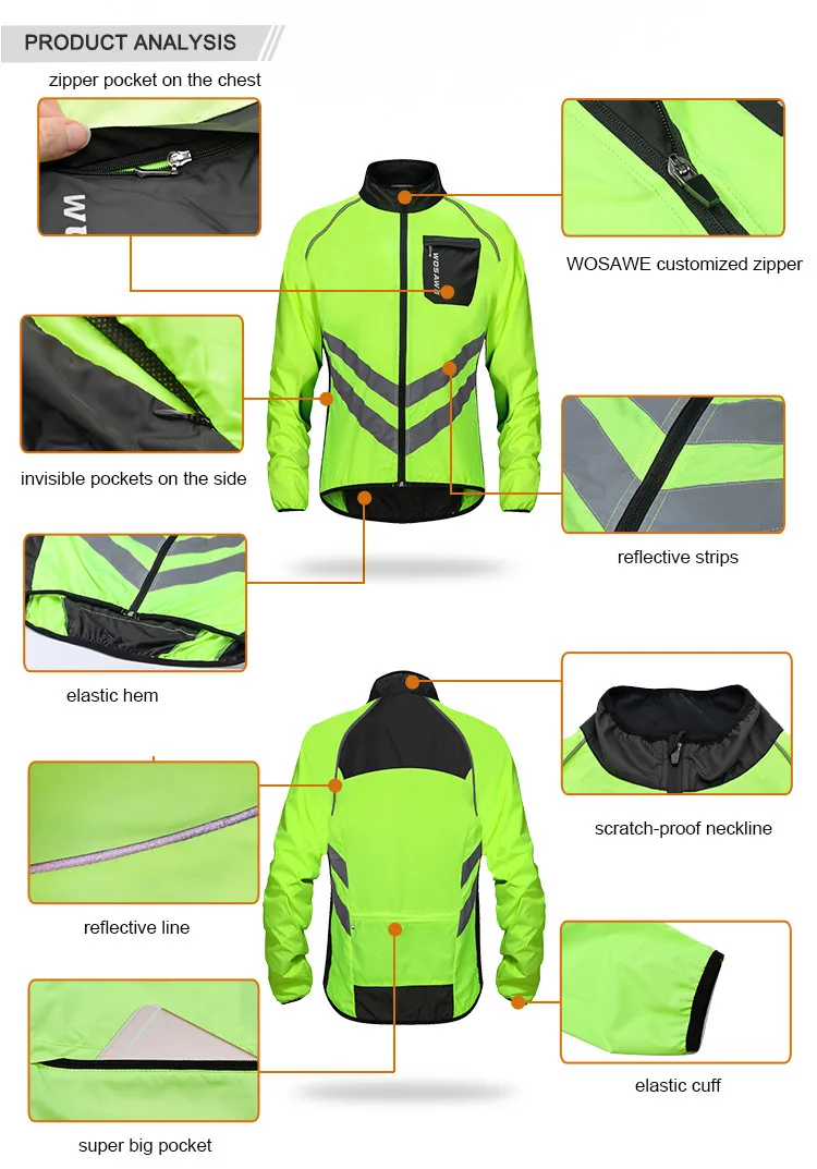 WOSAWE Windproof Running Sports Jacket Men Women Reflective Water Repellent MTB Cycling Jogging Gym Workout Top Windbreaker