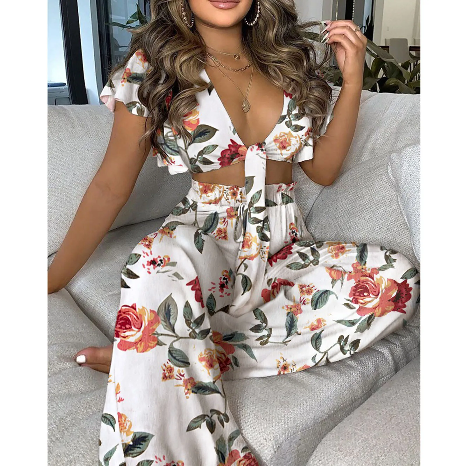 Womens Sets Flowers Print Two-piece Sleeveless Crop Tops Wide Leg Pants Tracksuit Casual Beachwear Boho Suit Lady Suits Mujer