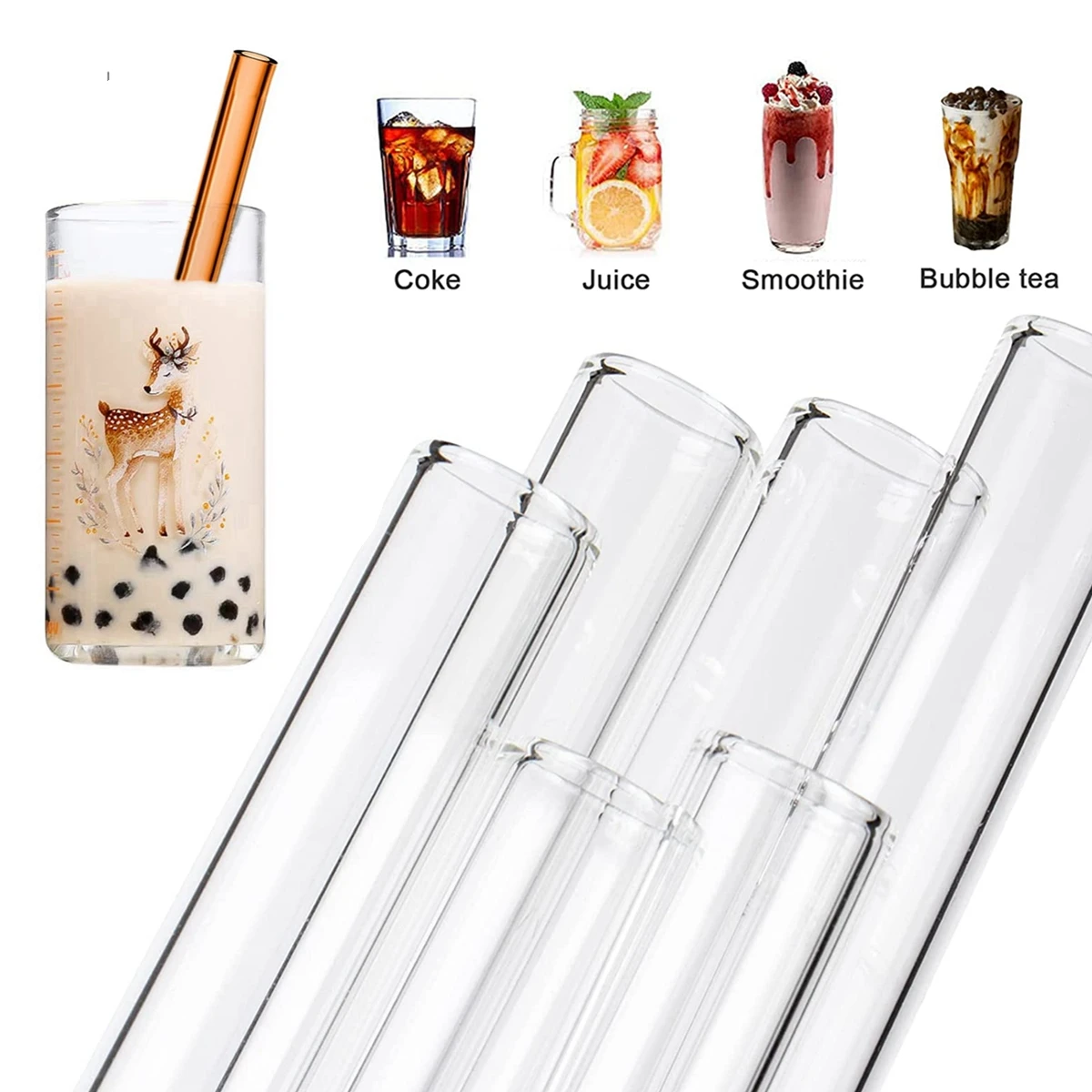 

Eco-friendly Reusable Glass Wide straw Boba Drinking Straws Bubble Tea Straws for Smoothie Milkshakes Straws with Cleaning Brush