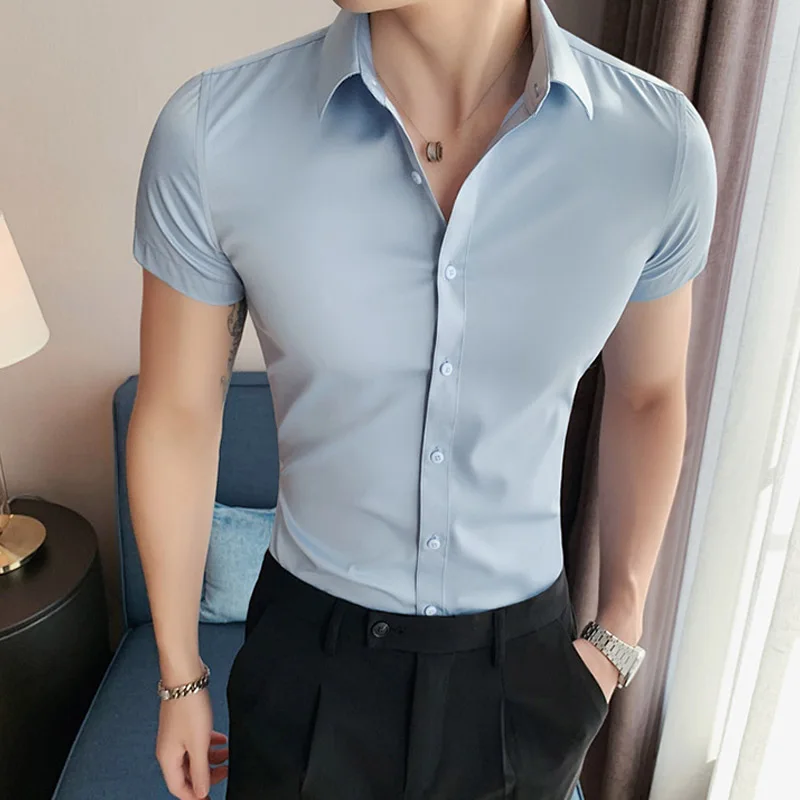 Small Asian Size Summer Fashion New Mens Shirt Korea Styles Short Sleeve Slim Fit Yellow Green White Casual Social Shirts