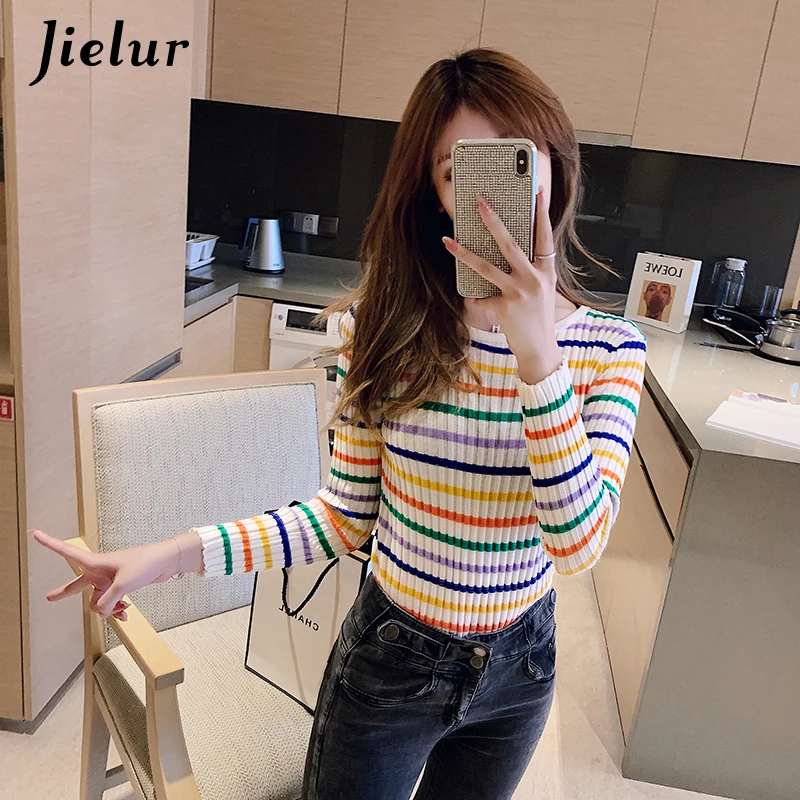 Jielur Autumn Colorful Striped Sweater for Women Fashion Korean Bottoming Shirt Slim O-neck Lady Sweaters Spell Color Knitwear