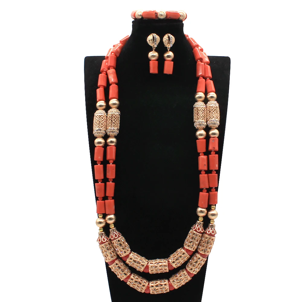 

Original Coral Bridal Jewelry Set Gift Luxury African Coral Beads Jewelry Set Dubai Gold Statement ABG23