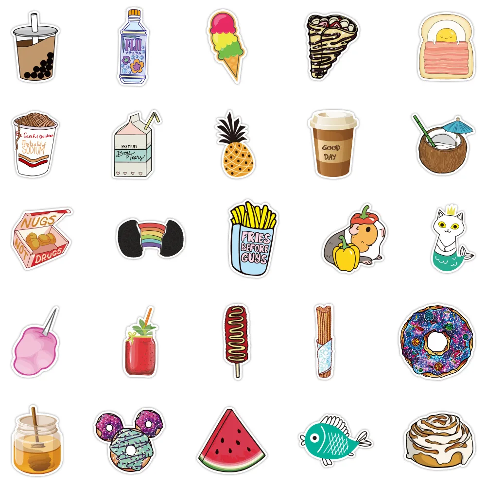 10/50/100PCS Cute Food Cartoon Stickers Aesthetic Laptop Phone Water Bottle Bike Travel Luggage Graffiti Decal Kid Sticker Toy