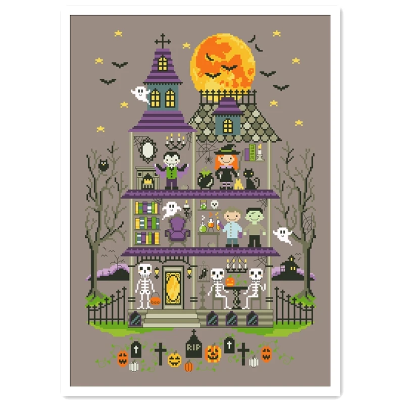 Haunted mansion cross stitch kits Halloween aida fabric 18ct 14ct 11ct coffee canvas cotton thread embroidery kits DIY craft set