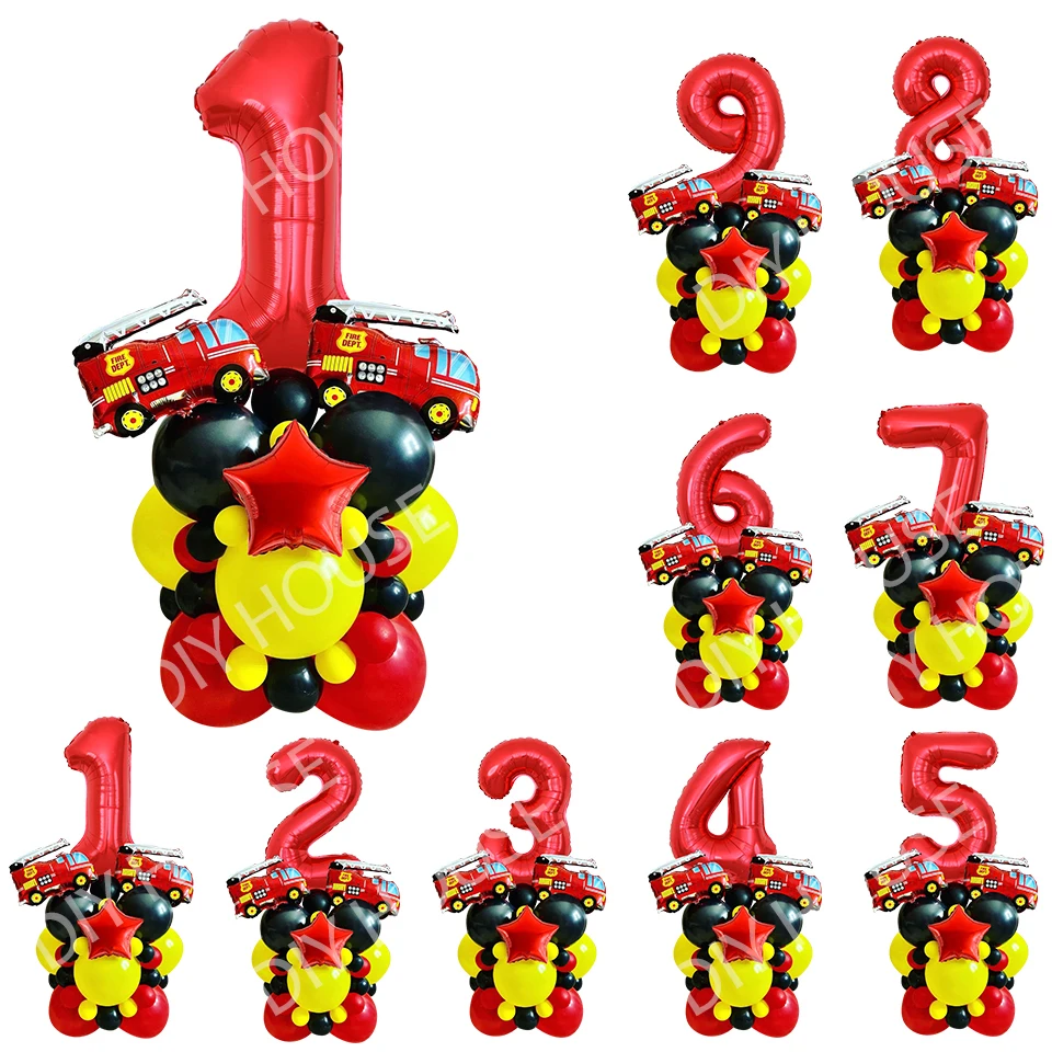 33pcs Fire Truck Balloons Tower with 1-9 Red Digital Balloon for Firefighter Theme Party Decoration Kids Birthday DIY Supplies