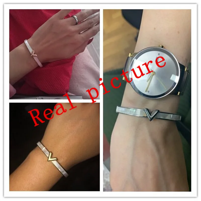 Luxury Brand Natural Shell V Shape Bracelet & Bangle For Women Men Charm Hollow Letter Bangle Love Silver-Color Pulseiras K088-1