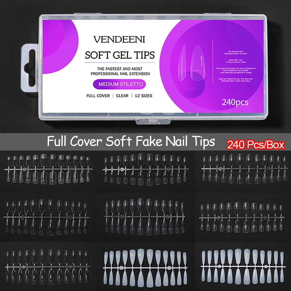 

Vendeeni 240 PCS White Clear Cover Full Acrylic Ballet Coffin French False Nail Tips Fake Toenail Tip Manicure Extension Tool